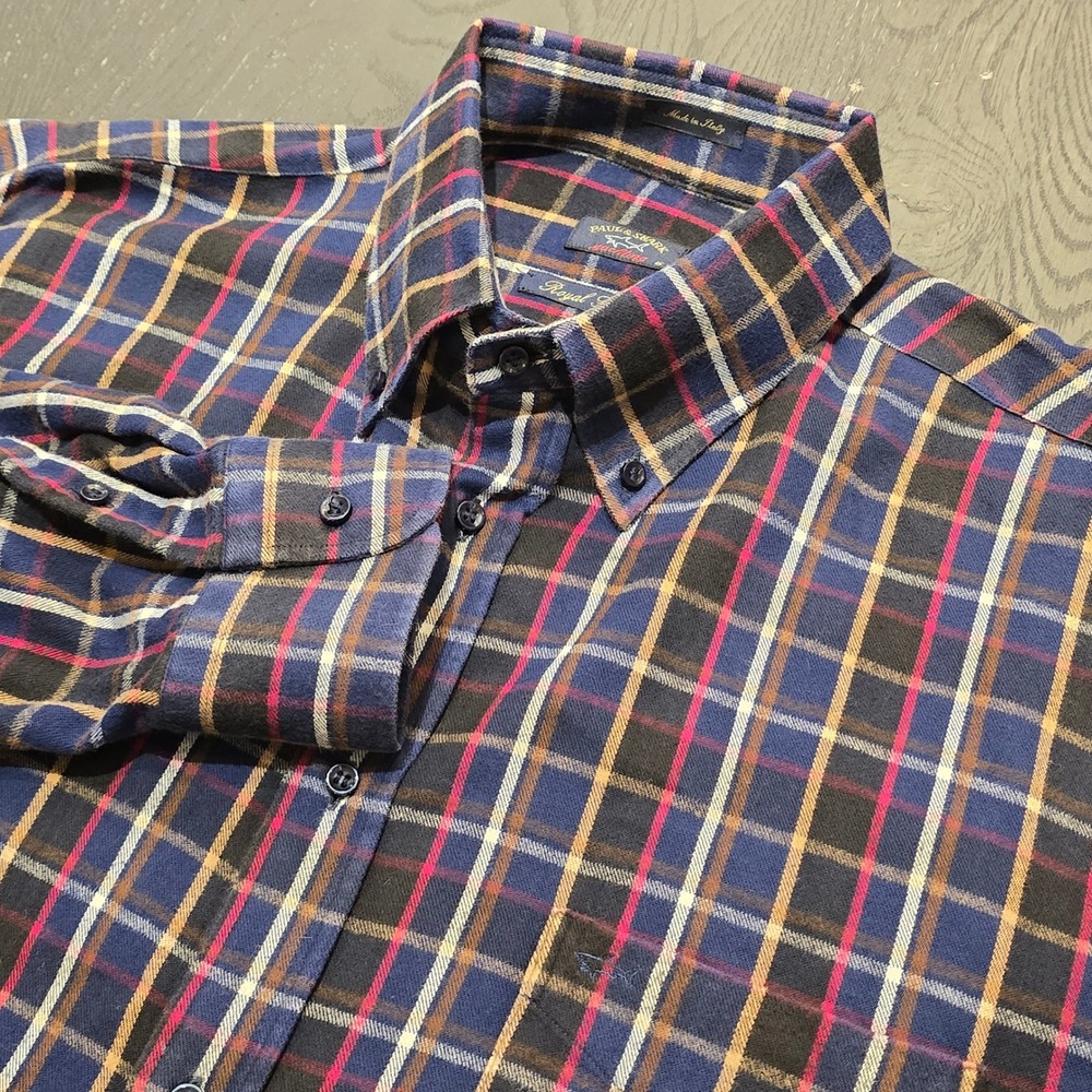 Paul & Shark Yachting Royal Flannel Shirt Mens XL Navy Blue Plaid‎ Button Down
